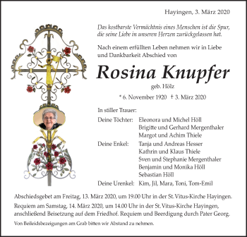 Traueranzeige von Rosina Knupfer von Alb-Bote/Metzinger-Uracher Volksblatt