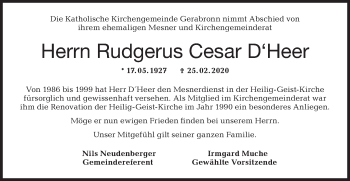 Traueranzeige von Rudgerus Cesar D´Heer von Hohenloher Tagblatt