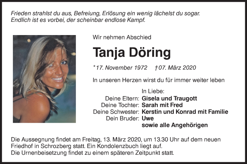  Traueranzeige für Tanja Döring vom 11.03.2020 aus Rundschau Gaildorf