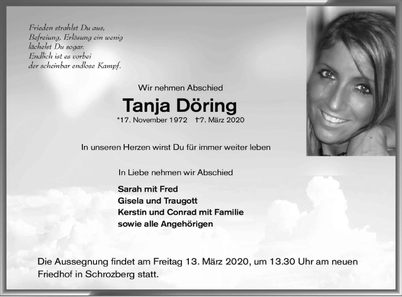  Traueranzeige für Tanja Döring vom 10.03.2020 aus Rundschau Gaildorf