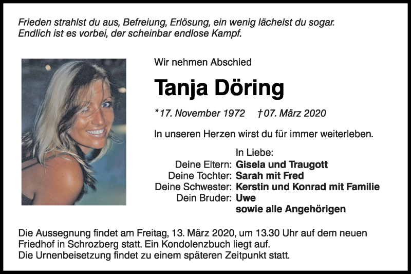  Traueranzeige für Tanja Döring vom 12.03.2020 aus Hohenloher Tagblatt