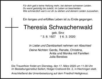 Traueranzeige von Theresia Schwachenwald von Hohenzollerische Zeitung