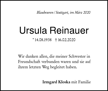 Traueranzeige von Ursula Reinauer von SÜDWEST PRESSE