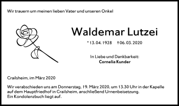 Traueranzeige von Waldemar Lutzei von Hohenloher Tagblatt