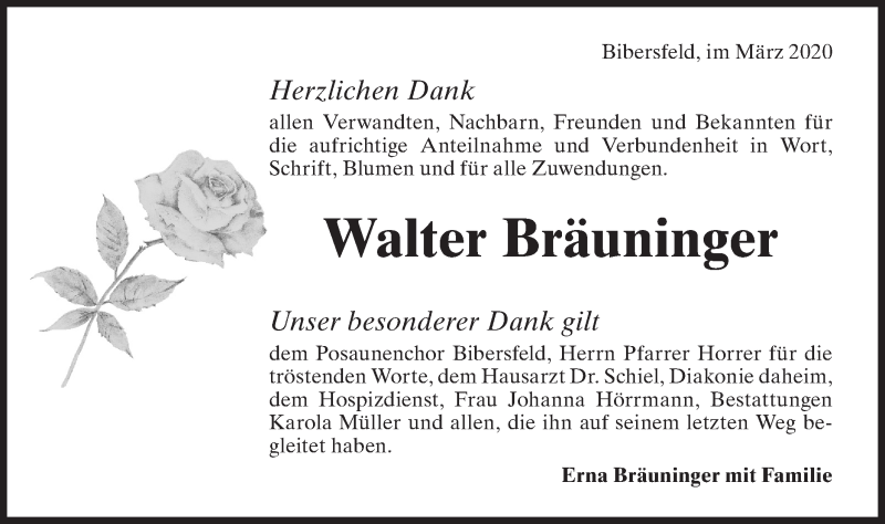  Traueranzeige für Walter Bräuninger vom 21.03.2020 aus Haller Tagblatt
