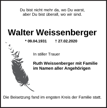 Traueranzeige von Walter Weissenberger von NWZ Neue Württembergische Zeitung