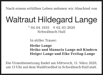 Traueranzeige von Waltraut Hildegard Lange von Haller Tagblatt