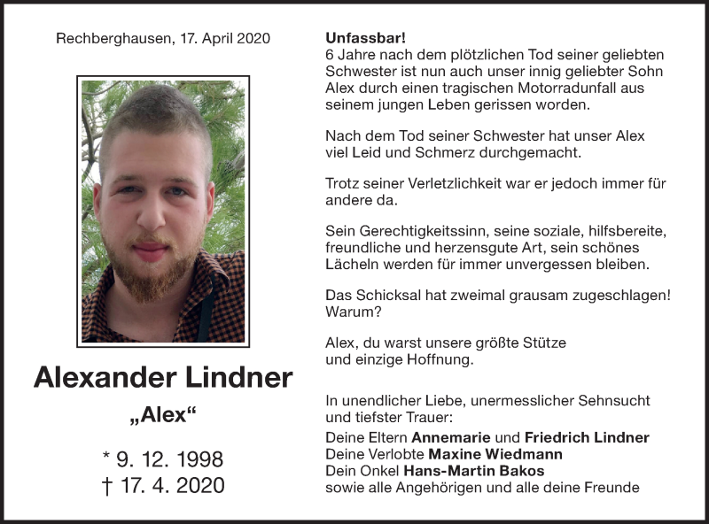  Traueranzeige für Alexander Lindner vom 23.04.2020 aus NWZ Neue Württembergische Zeitung
