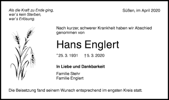 Traueranzeige von Hans Englert von NWZ Neue Württembergische Zeitung