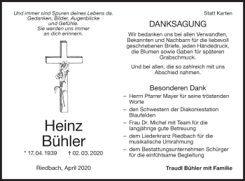 Traueranzeige von Heinz Bühler von Hohenloher Tagblatt