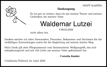 Traueranzeige von Waldemar Lutzei von Hohenloher Tagblatt