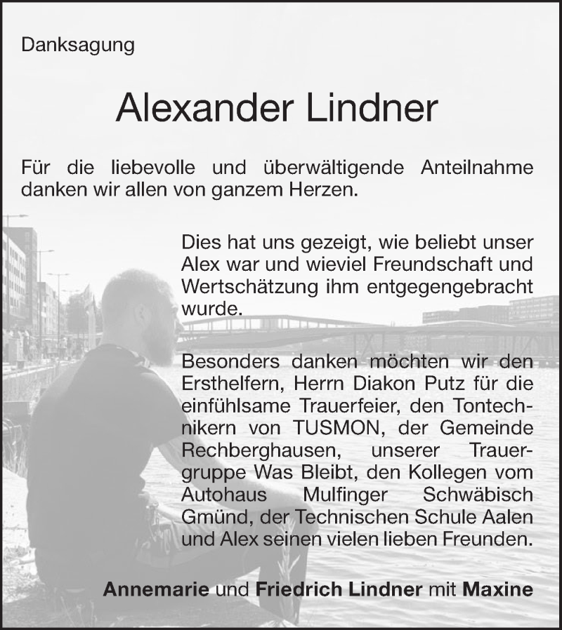  Traueranzeige für Alexander Lindner vom 15.05.2020 aus NWZ Neue Württembergische Zeitung