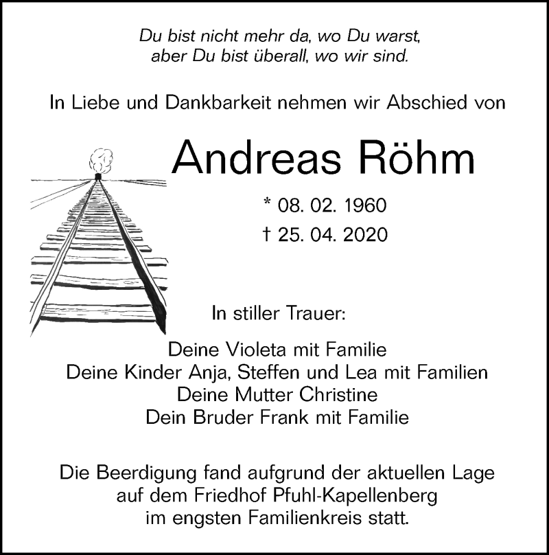  Traueranzeige für Andreas Röhm vom 02.05.2020 aus SÜDWEST PRESSE Ausgabe Ulm/Neu-Ulm