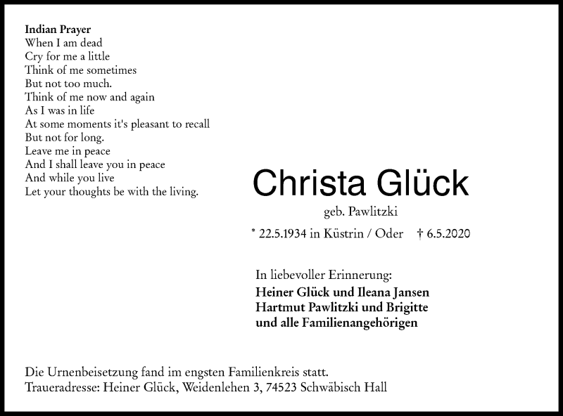  Traueranzeige für Christa Glück vom 23.05.2020 aus Haller Tagblatt
