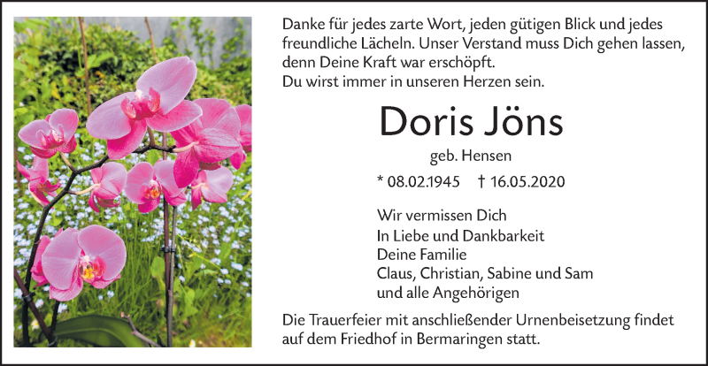  Traueranzeige für Doris Jöns vom 23.05.2020 aus SÜDWEST PRESSE Ausgabe Ulm/Neu-Ulm
