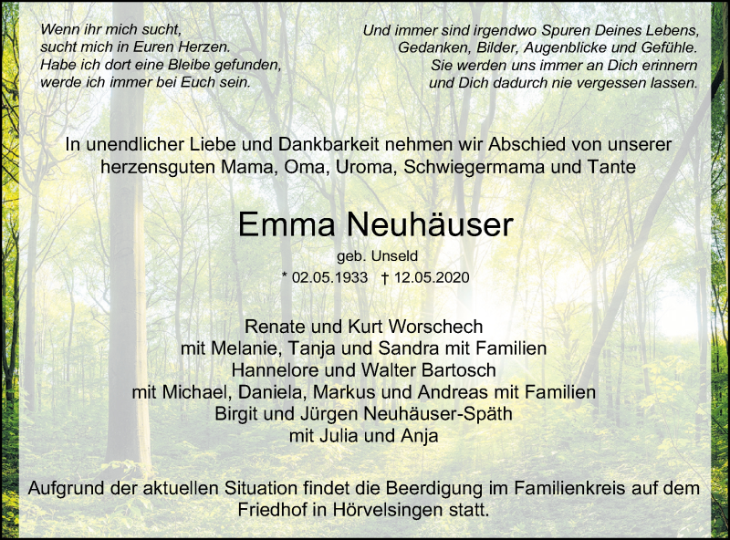  Traueranzeige für Emma Neuhäuser vom 14.05.2020 aus SÜDWEST PRESSE Ausgabe Ulm/Neu-Ulm