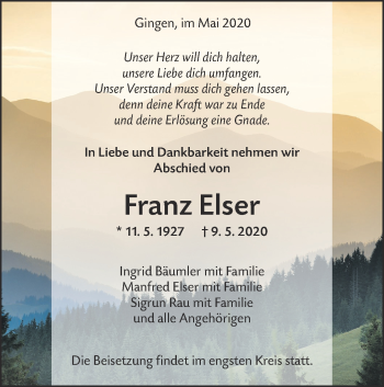 Traueranzeige von Franz Elser von NWZ Neue Württembergische Zeitung/Geislinger Zeitung