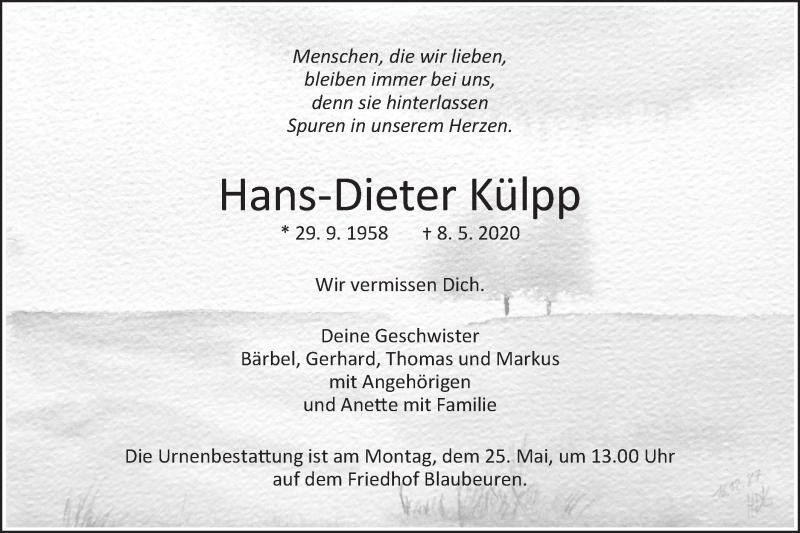  Traueranzeige für Hans-Dieter Külpp vom 15.05.2020 aus SÜDWEST PRESSE