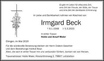 Traueranzeige von Irmgard Beck von Ehinger Tagblatt