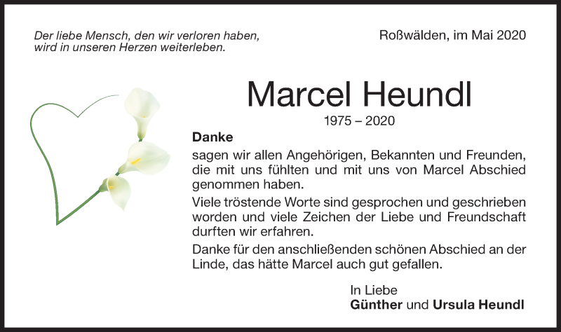  Traueranzeige für Marcel Heundl vom 14.05.2020 aus NWZ Neue Württembergische Zeitung