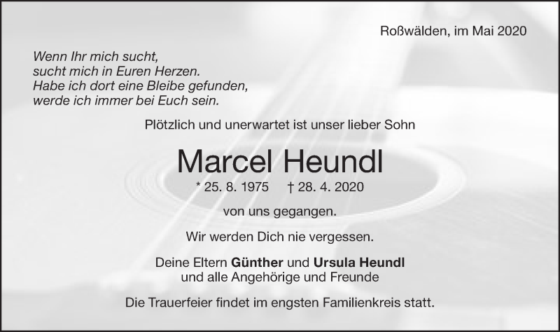  Traueranzeige für Marcel Heundl vom 06.05.2020 aus NWZ Neue Württembergische Zeitung