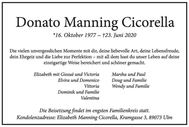  Traueranzeige für Donato Manning Cicorella vom 27.06.2020 aus SÜDWEST PRESSE Ausgabe Ulm/Neu-Ulm