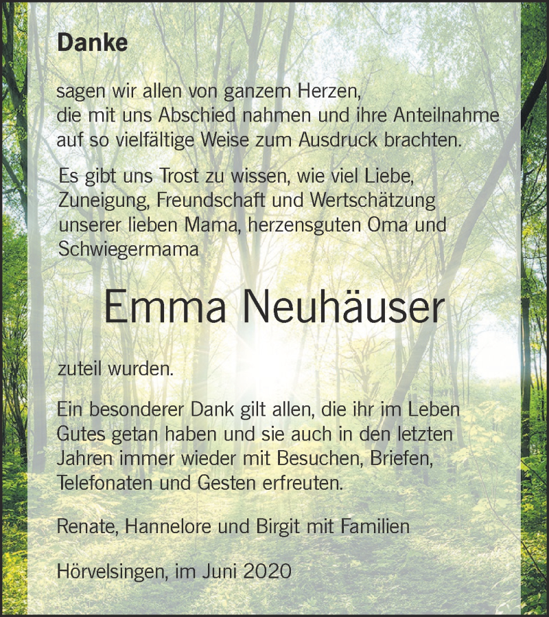  Traueranzeige für Emma Neuhäuser vom 06.06.2020 aus SÜDWEST PRESSE Ausgabe Ulm/Neu-Ulm
