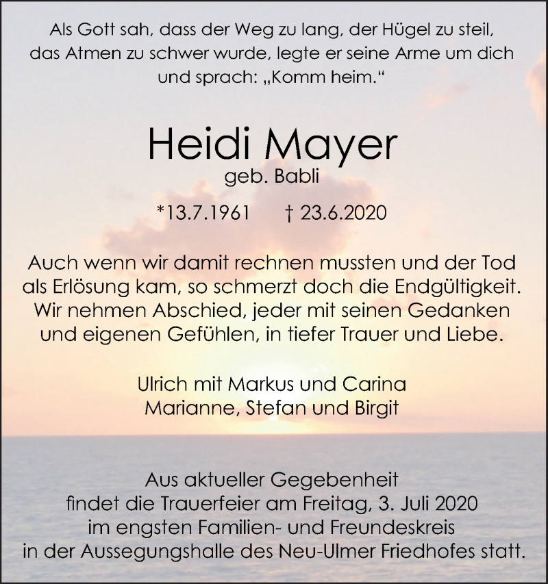  Traueranzeige für Heidi Mayer vom 30.06.2020 aus SÜDWEST PRESSE Ausgabe Ulm/Neu-Ulm