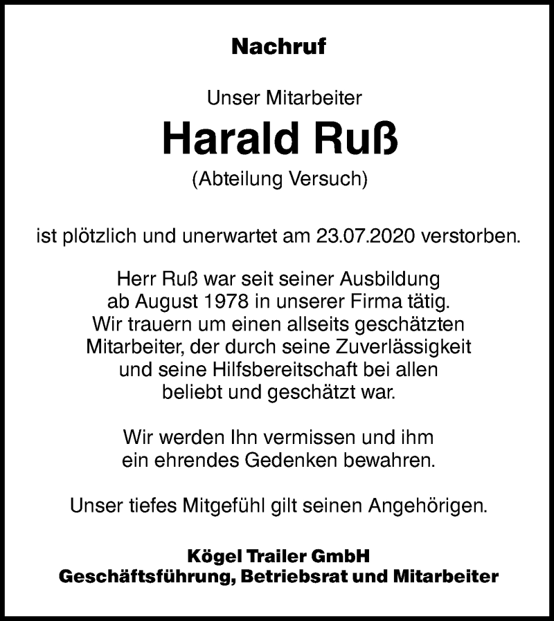  Traueranzeige für Harald Ruß vom 30.07.2020 aus SÜDWEST PRESSE Ausgabe Ulm/Neu-Ulm