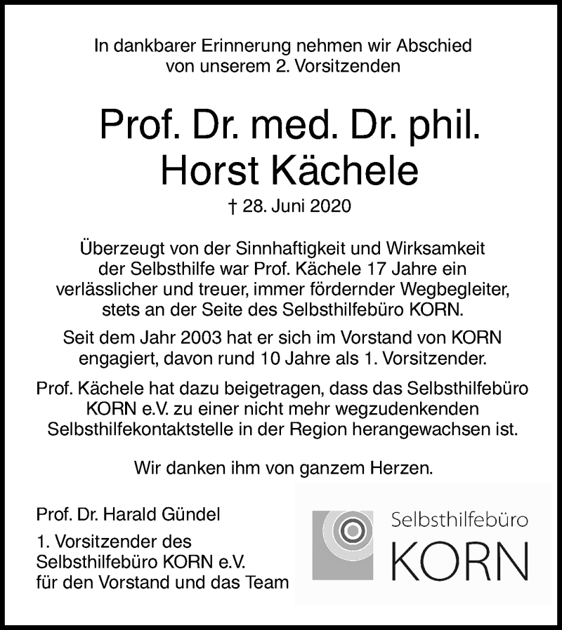  Traueranzeige für Horst Kächele vom 04.07.2020 aus SÜDWEST PRESSE Ausgabe Ulm/Neu-Ulm