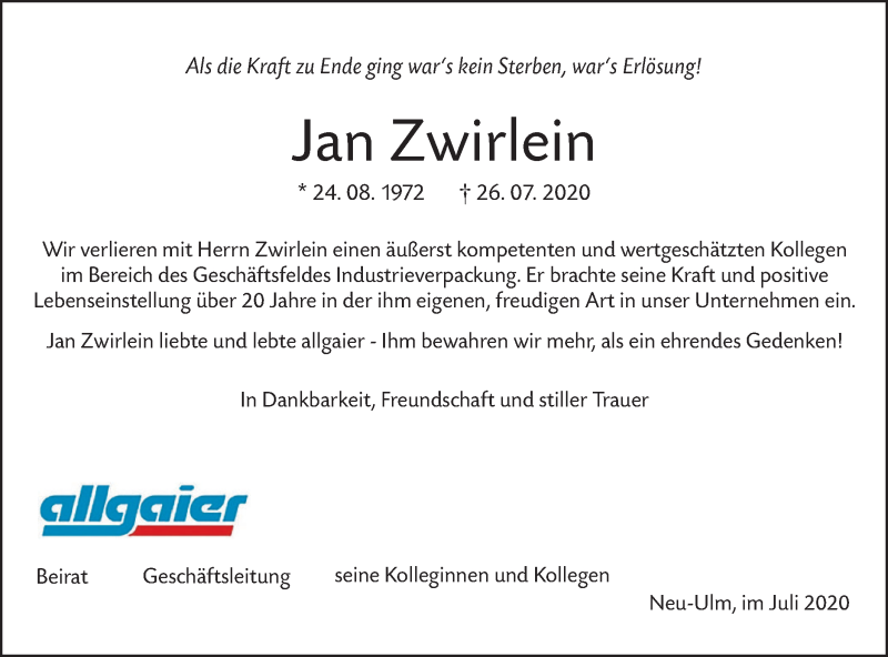  Traueranzeige für Jan Zwirlein vom 01.08.2020 aus SÜDWEST PRESSE Ausgabe Ulm/Neu-Ulm