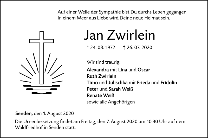  Traueranzeige für Jan Zwirlein vom 01.08.2020 aus SÜDWEST PRESSE Ausgabe Ulm/Neu-Ulm