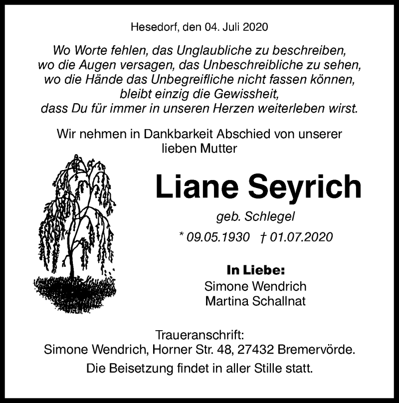  Traueranzeige für Liane Seyrich vom 04.07.2020 aus Hohenloher Tagblatt