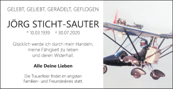 Traueranzeige von Jörg Sticht-Sauter von SÜDWEST PRESSE Ausgabe Ulm/Neu-Ulm