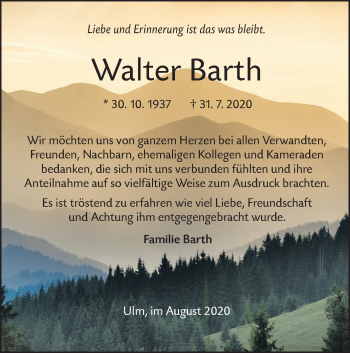 Traueranzeigen von Walter Barth | Südwest Presse Trauer