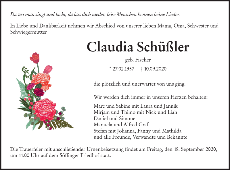  Traueranzeige für Claudia Schüßler vom 15.09.2020 aus SÜDWEST PRESSE Ausgabe Ulm/Neu-Ulm