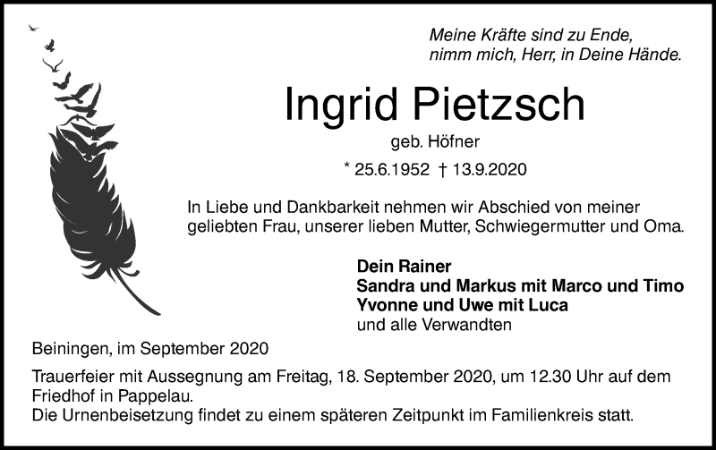  Traueranzeige für Ingrid Pietzsch vom 15.09.2020 aus SÜDWEST PRESSE Ausgabe Ulm/Neu-Ulm