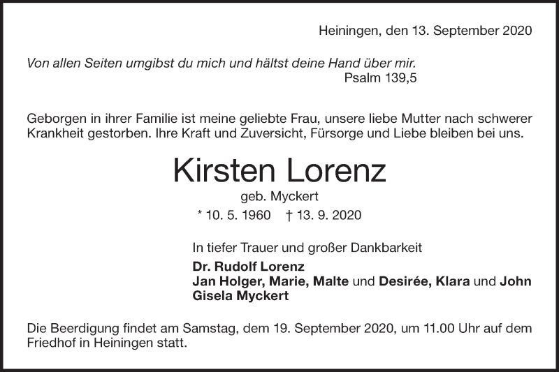  Traueranzeige für Kirsten Lorenz vom 16.09.2020 aus NWZ Neue Württembergische Zeitung