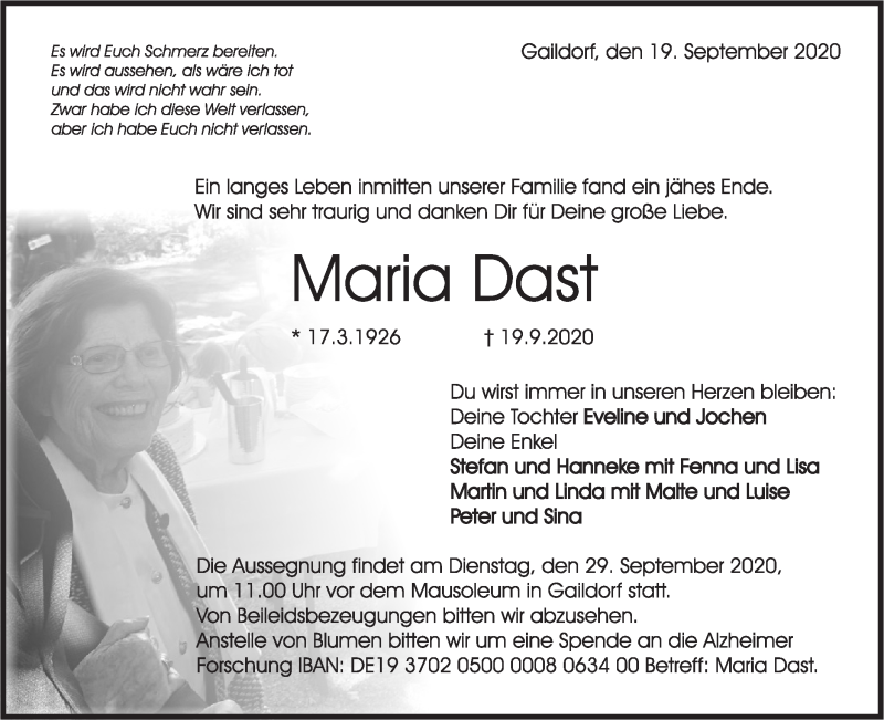 Traueranzeige für Maria Dast vom 23.09.2020 aus Haller Tagblatt