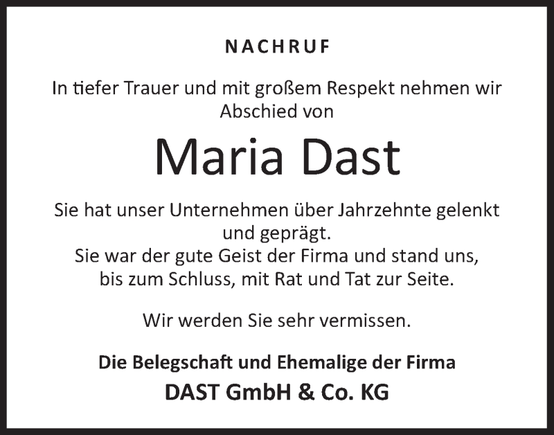  Traueranzeige für Maria Dast vom 24.09.2020 aus Rundschau Gaildorf