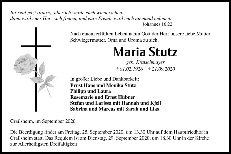  Traueranzeige für Maria Stutz vom 23.09.2020 aus Hohenloher Tagblatt