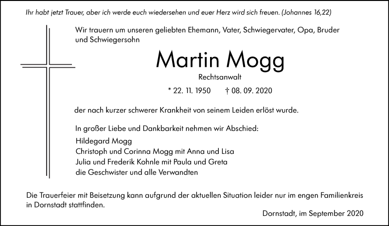  Traueranzeige für Martin Mogg vom 12.09.2020 aus SÜDWEST PRESSE Ausgabe Ulm/Neu-Ulm