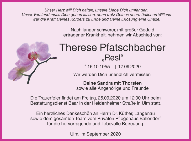  Traueranzeige für Therese Pfatschbacher vom 22.09.2020 aus SÜDWEST PRESSE Ausgabe Ulm/Neu-Ulm