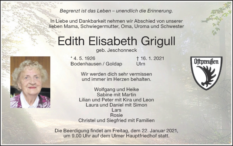  Traueranzeige für Edith Elisabeth Grigull vom 20.01.2021 aus SÜDWEST PRESSE Ausgabe Ulm/Neu-Ulm
