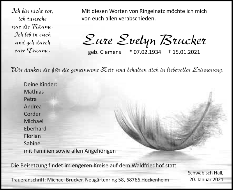  Traueranzeige für Evelyn Brucker vom 20.01.2021 aus Haller Tagblatt