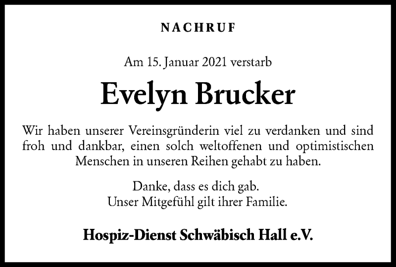  Traueranzeige für Evelyn Brucker vom 21.01.2021 aus Haller Tagblatt