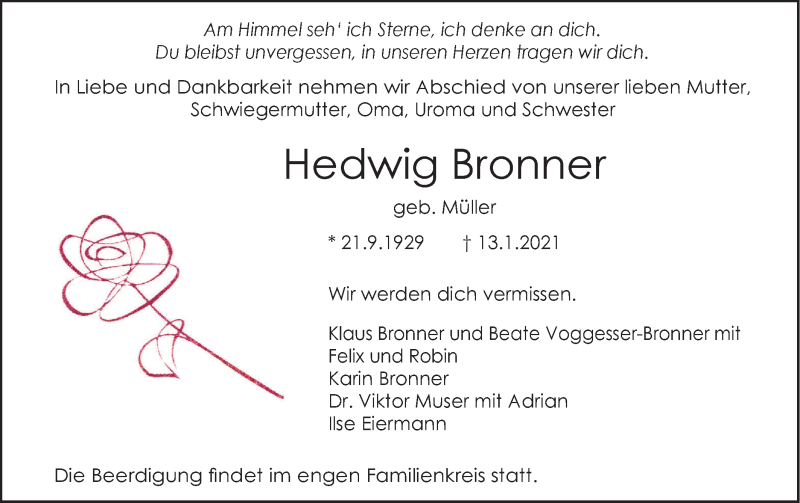  Traueranzeige für Hedwig Bronner vom 16.01.2021 aus SÜDWEST PRESSE Ausgabe Ulm/Neu-Ulm