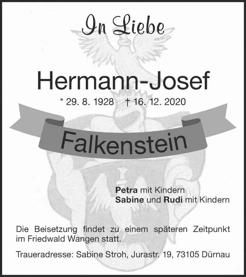  Traueranzeige für Hermann-Josef  Falkenstein vom 23.01.2021 aus NWZ Neue Württembergische Zeitung