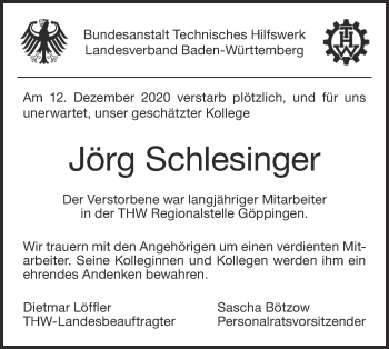 Traueranzeige von Jörg Schlesinger von NWZ Neue Württembergische Zeitung