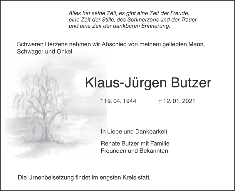  Traueranzeige für Klaus-Jürgen Butzer vom 20.01.2021 aus SÜDWEST PRESSE Ausgabe Ulm/Neu-Ulm